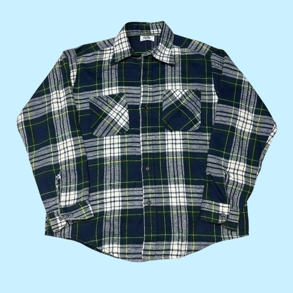 Vintage Mr Leggs Mens Large Blue Green Plaid Flannel Button Up Shirt 1555